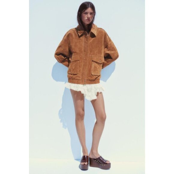 ZARA 100% SUEDE LEATHER BOMBER JACKET WITH POCKETS - Picture 2 of 9